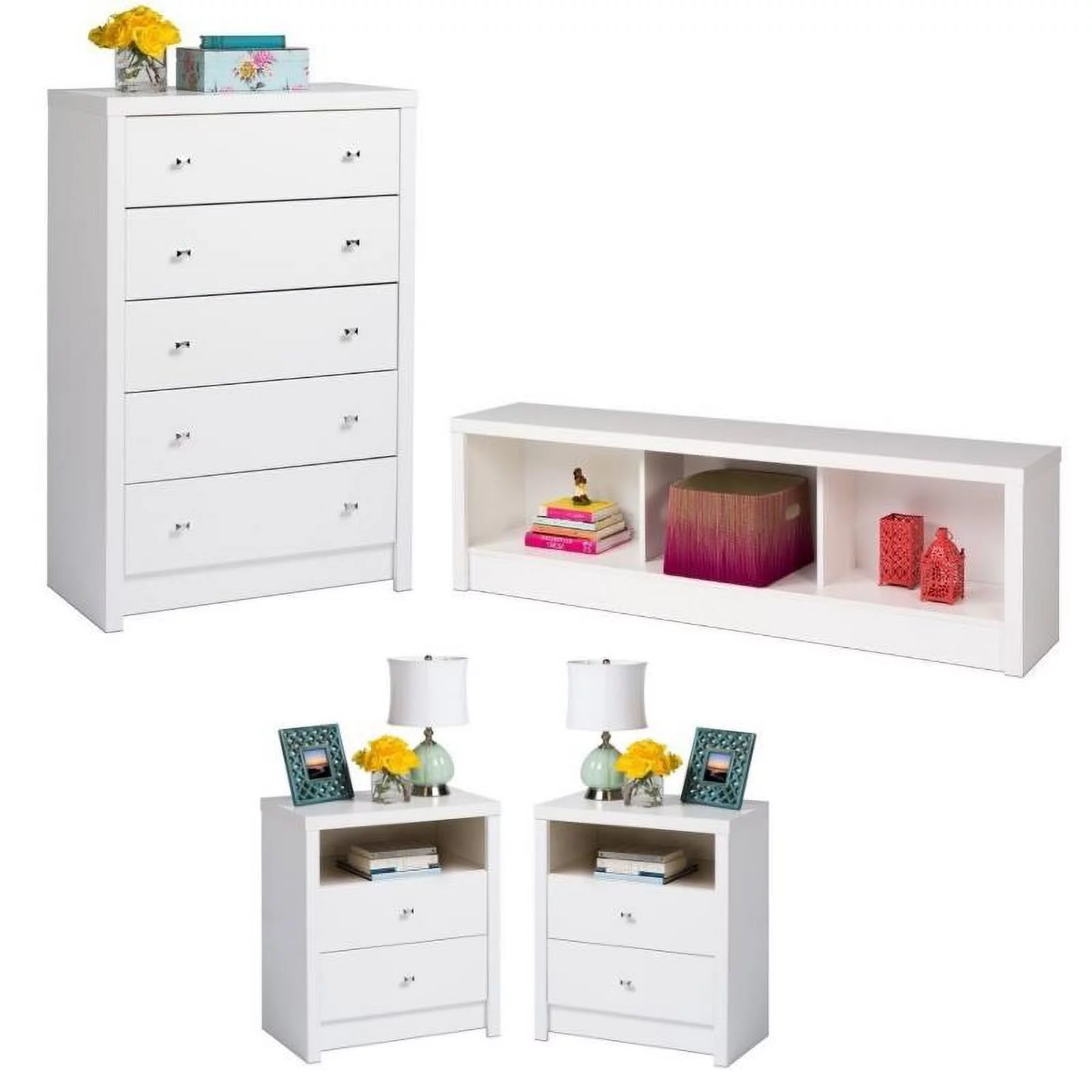 Home Square 4-Piece Set with Storage Bench 2 Tall Nightstands and 5-Drawer Chest