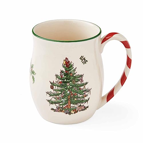 Spode Christmas Tree 14 oz Holiday Mugs (Set of 4) - Festive Coffee Cups with Peppermint Candy Cane Handle, Stoneware Christmas Drinkware Ideal for Hot Cocoa, Holiday Tea & Winter Beverages