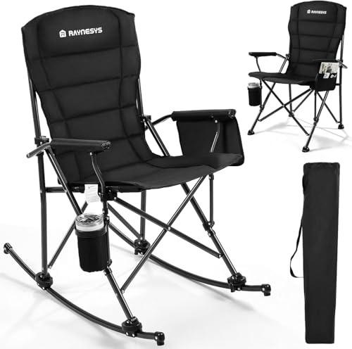 Folding Rocking Chair Supports 440 LBS, Outdoor Folding Chair, Rocking Camping Chairs with Cup Holder & Side Pocket, Padded Outdoor Chairs for Patio Lawn Garden Yard (Black)
