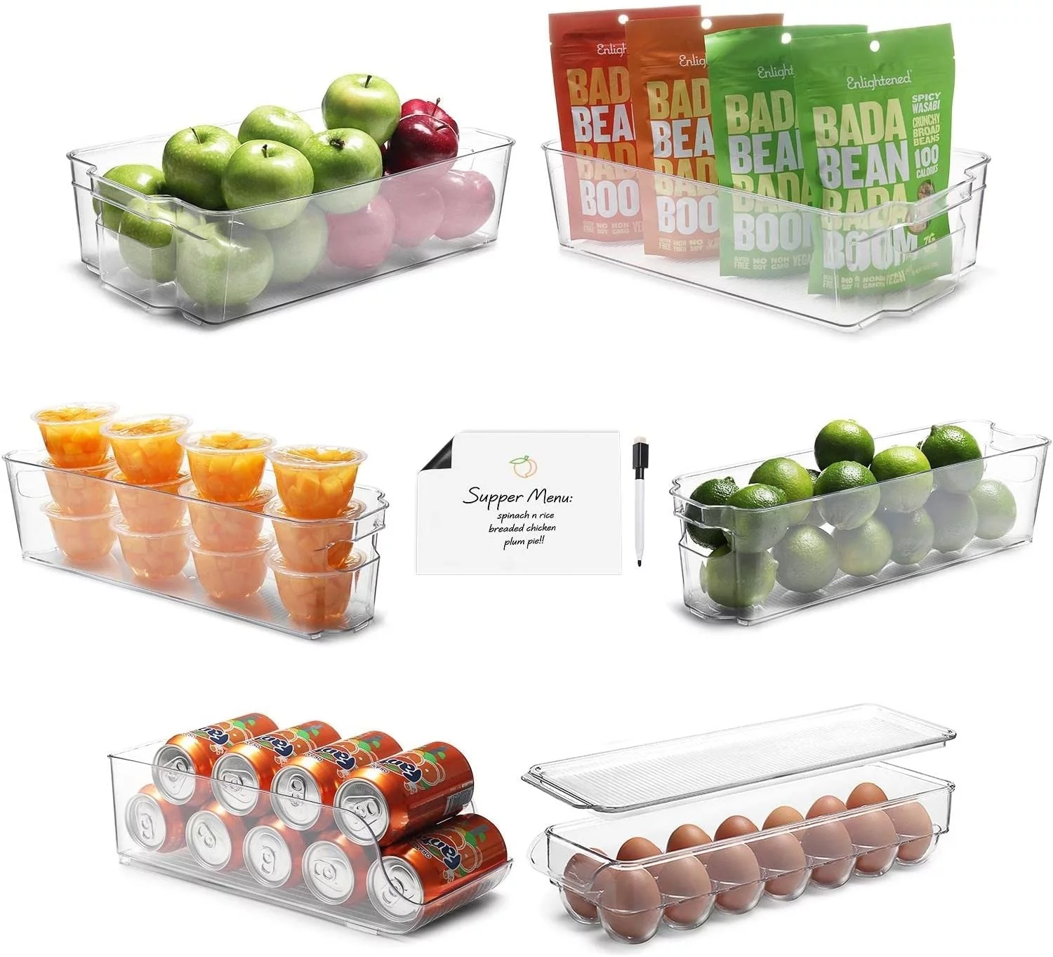 Stackable Storage Fridge Bins - Refrigerator Organizer Bins for Fridge, Freezer, Pantry And Kitchen. Includes Bonus Magnetic Dry-Erase Whiteboard & Markers Set (9-Piece Set)
