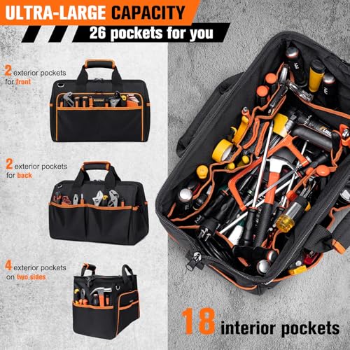 Heavy Duty Tool Bag 17.3-Inch, 26-Pocket Large Tool Bags for Men Women with Adjustable Shoulder Strap,Waterproof, Foldable Tool Bag Organizer for HVAC Electricians Mechanics Craftsman Contractor