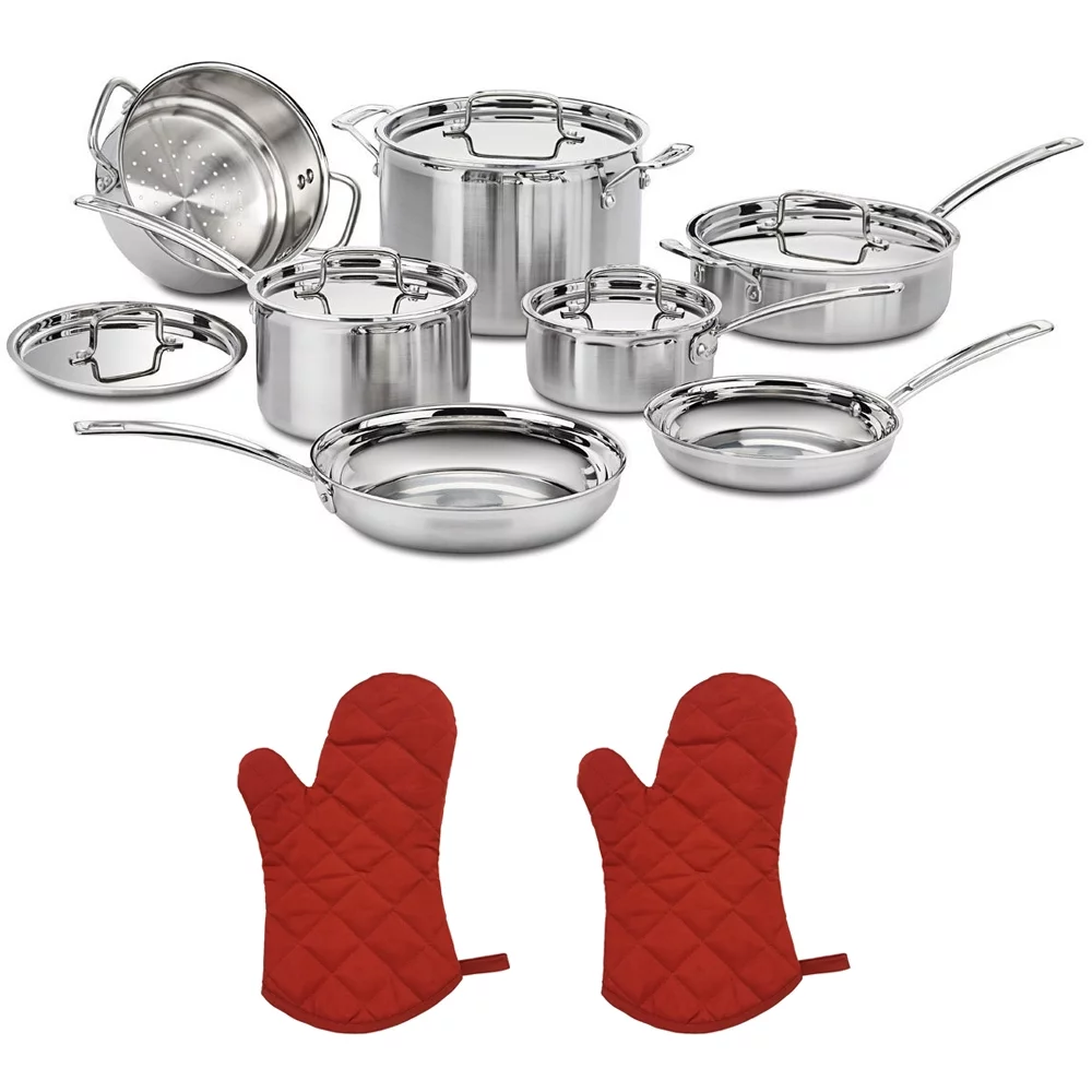Cuisinart (MCP-12N) Multiclad Pro Tri-Ply Stainless Steel 12-Piece Cookware Set with 2x Red Oven Mitt
