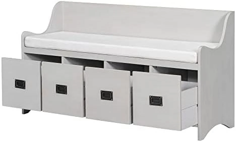 48" Entry  Bench with Removable Cushion and 4 Drawers  Entryway Hallway Foyer Shoe Bench Bedroom End of Bed Bench with Backrest  200lbs Weight Capacity (White)