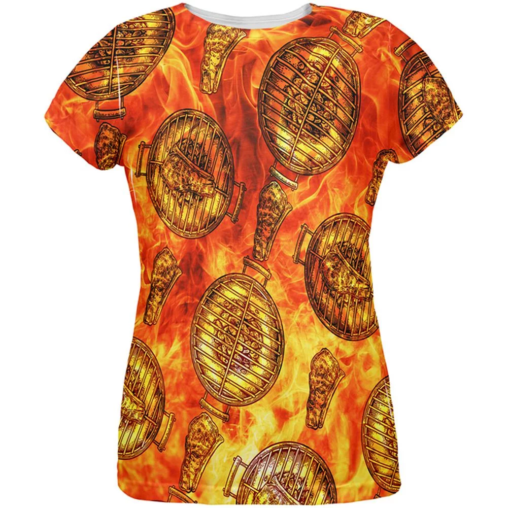 Flaming Hot Charcoal Grilled Steak Pattern All Over Womens T Shirt
