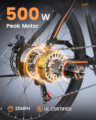 Electric Bike for Adults with 26'' Peak 500W Brushless Motor Ebike, 20MPH 40Miles Commuting Electric Mountain Bike with 360Wh Removable Battery, 7-Speed, 3 Level Assist