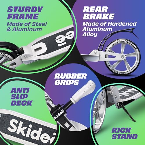 Skidee Adult & Teen Scooter Adjustable Height, Folding, Large Wheels, Lightweight, Durable, Anti-Shock Suspension, Up to 220 lbs
