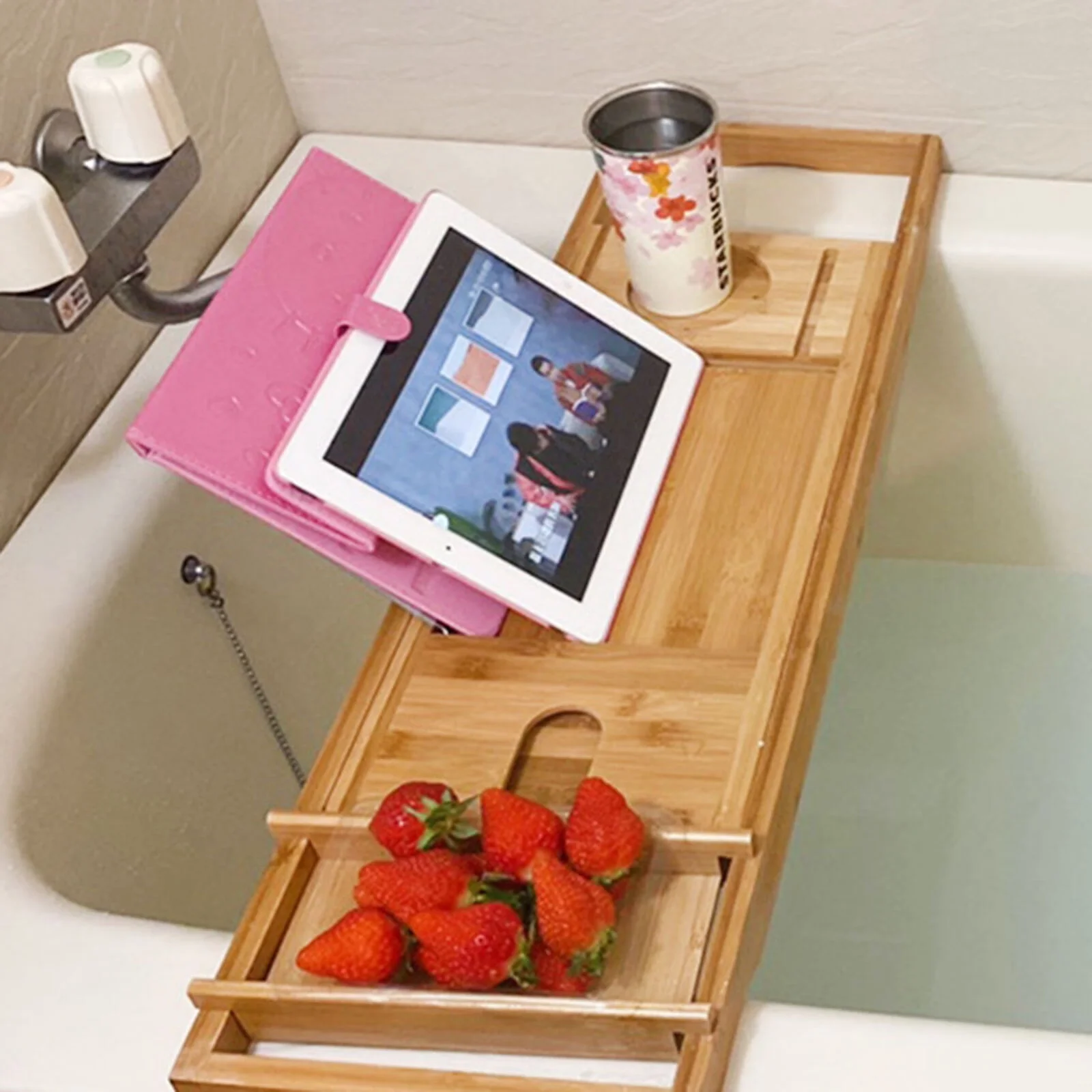 Wuzstar Bathtub Caddy Tray Expandable Bamboo Bath Tray Table with Wine Glass Holder, Book Stand and Phone Slot