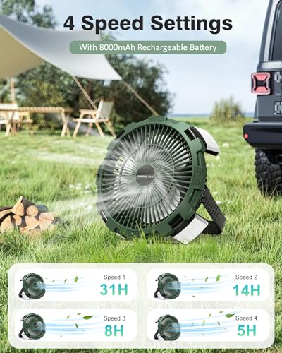 Camping Fan with LED Lantern, 8000mAh Rechargeable Battery Powered Tent Fan for Camping Hanging, Camping Outdoor Fan with Remote, 4 Speed Camping Fan for Tents,Travel,Home,Fishing,Sleep,Emergency