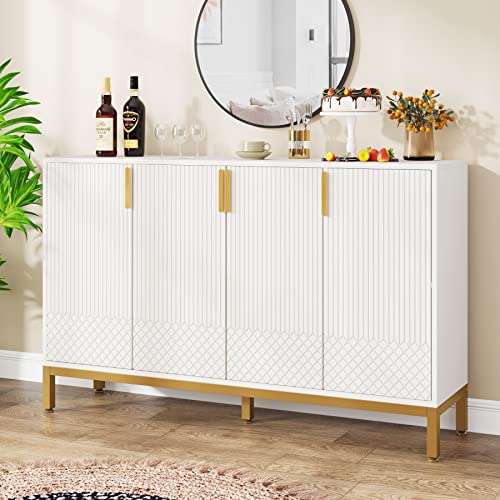 Tribesigns Luxury Buffet Cabinet with Storage, 59 Inch Kitchen Sideboard Cabinet with 4 Doors, Coffee Bar Storage Cabinet for Dining Room, Living Room, White and Gold