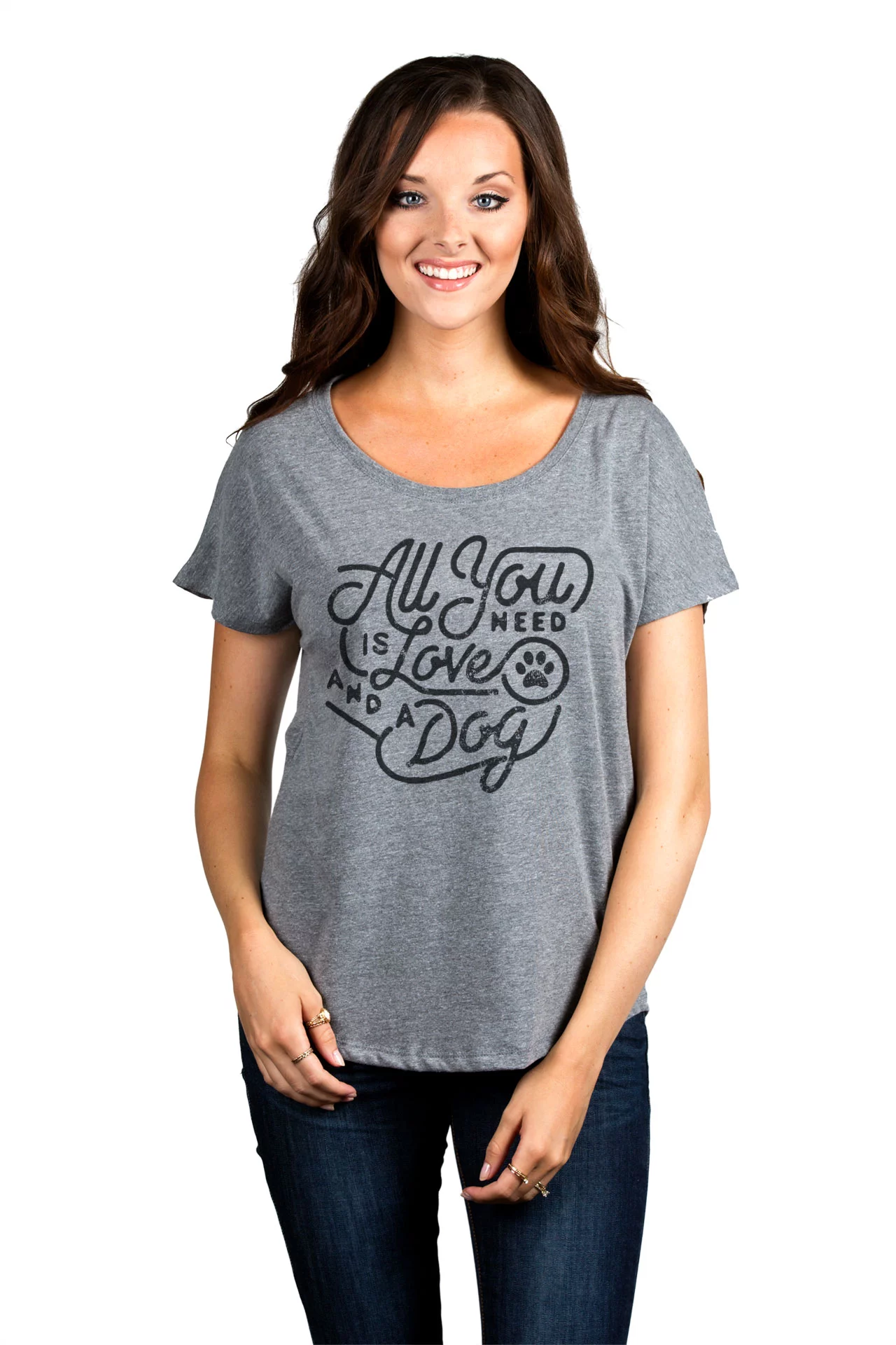 All You Need Is Love And A Dog Women's Fashion Slouchy Dolman T-Shirt Tee Heather Grey Small
