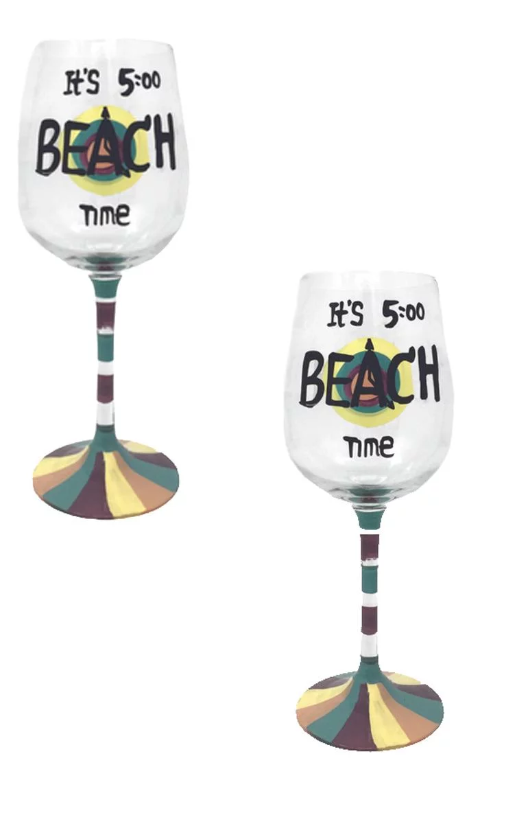 Its 5:00 Beach Time Hand Painted Wine Glass Set