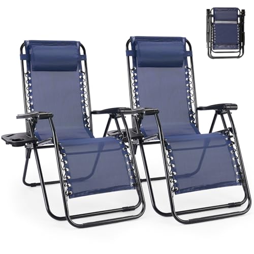 Folding Zero Gravity Chair, Set of 2 Outdoor Lounge Chairs, Portable Reclining Camping Chair with Adjustable Pillow and Cup Holder Trays for Patio Garden Lawn Beach, Classic Blue