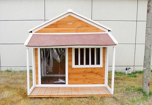 Indoor-Outdoor Wooden Dog House, Porch, Asphalt Roof, Plastic Door Curtain, Ventilation Windows, Brown, Weatherproof, Small to Medium Dog, Puppy Kennel