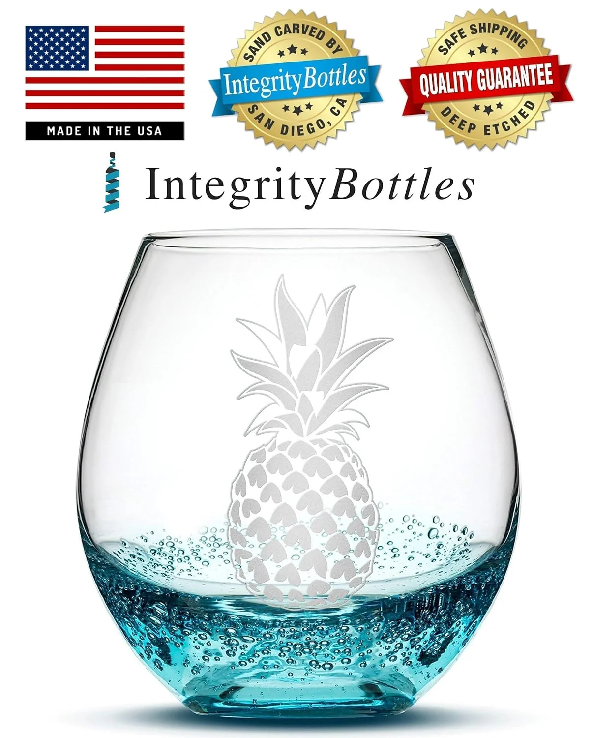 Tropical Pineapple Design Stemless Wine Glass, Handmade, Handblown, Hand Etched Gifts, Sand Carved, 18Oz (Bubble Turquoise)