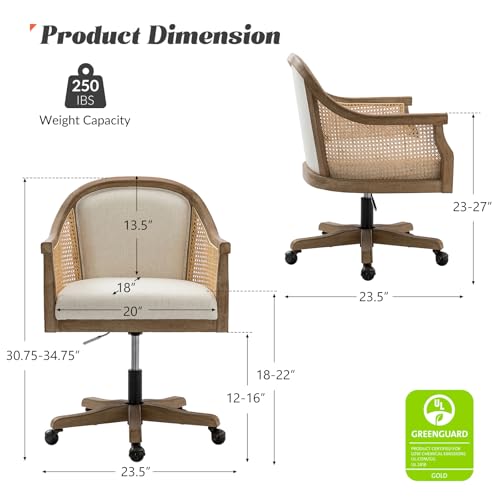 HULALA HOME Rattan Desk Chair, Upholstered Home Office Chair, Vintage Office Chair with Armrest, Adjustable Swivel Rolling Height Task Chair for Living Room Bedroom Study Room, Ivory