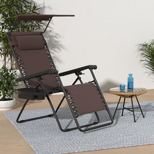 Best Choice Products Folding Zero Gravity Outdoor Recliner Patio Lounge Chair w/Adjustable Canopy Shade, Headrest, Side Accessory Tray, Textilene Mesh - Beige