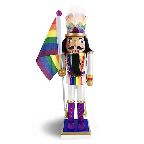 Nutcracker Ballet Gifts, Pride Nutcracker Christmas Ornaments, Wooden Figure Decoration with White Uniform and Rainbow Flag for Holiday Home Decor, 12 Inch, White Nutcracker Soldier