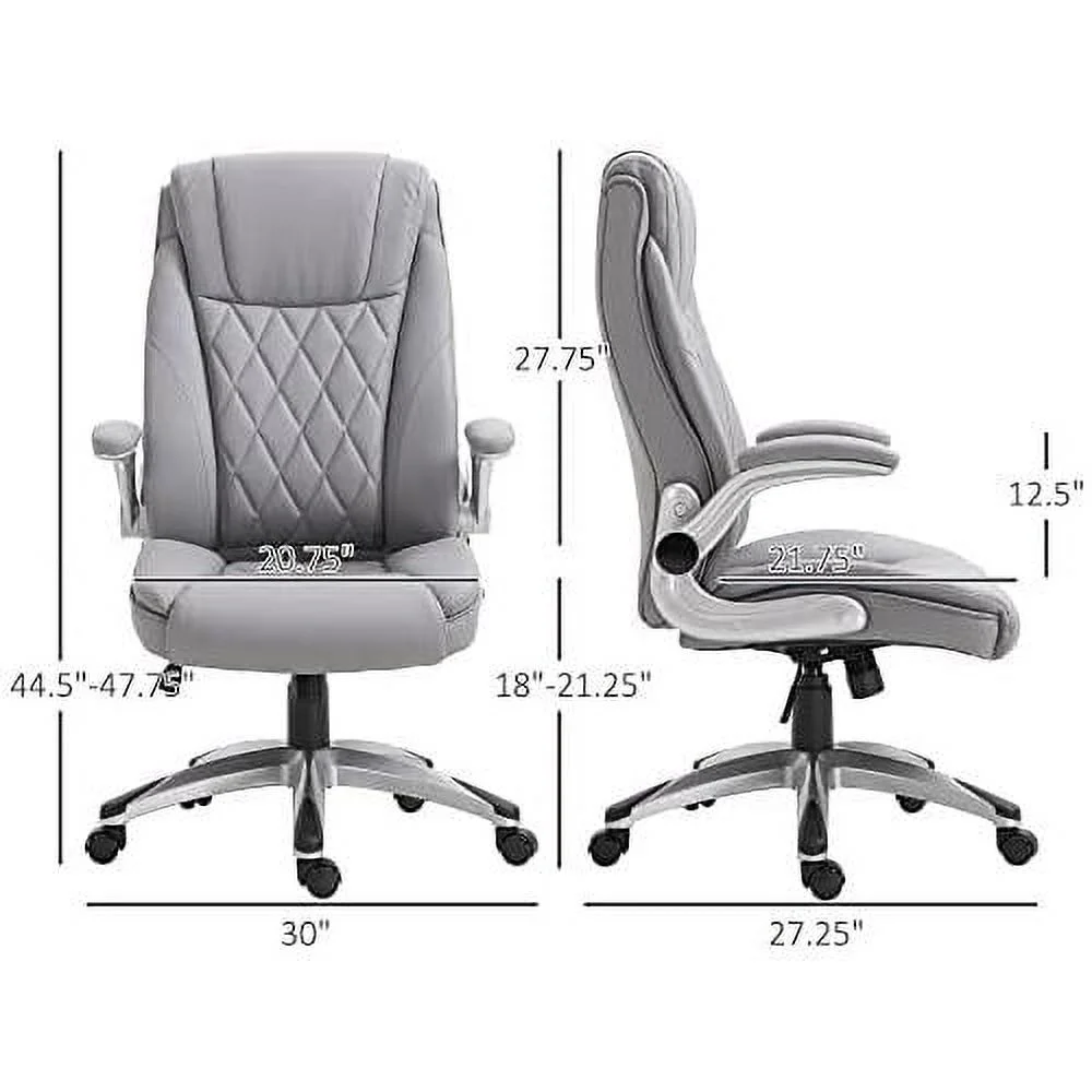 High Back 360° Swivel Ergonomic Home Office Chair With Up Arms, Faux Leather Computer Desk Rocking Chair, Grey