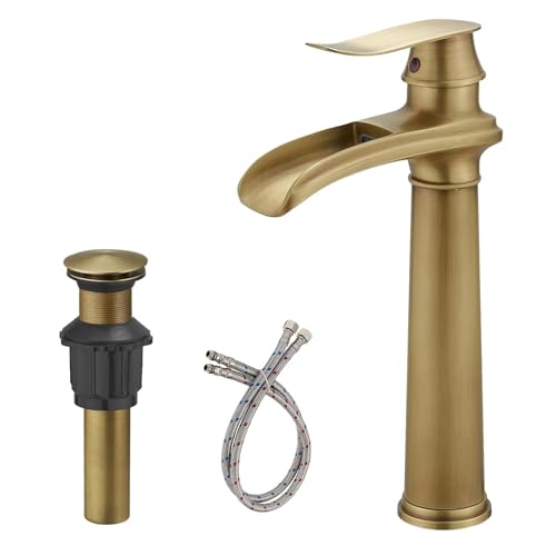 Bathroom Vessel Sink Faucet, Waterfall Oil Rubbed Bronze Bathroom Faucet, Vessel Faucet, Tall Body 1 Hole Single Handle with Pop Up Drain Combo Vanity Mixer Tap Basin Bowl Sink