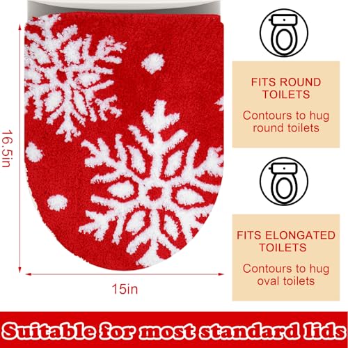 Christmas Toilet Seat Cover Red White Winter Snowflake Soft Toilet Lid Cover with Adjustable Rubber Backing for Bathroom Xmas Holiday New Year Party Decoration
