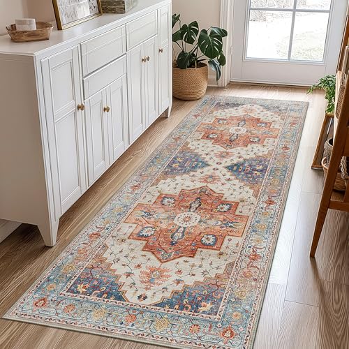 2X5 Area Rugs Machine Washable Runner Rugs for Living Room, Vintage Boho Rugs for Bedroom Dining Room, Non Slip Indoor Soft Distressed Lightweight Thin Low Pile Carpet, Blue Beige Orange