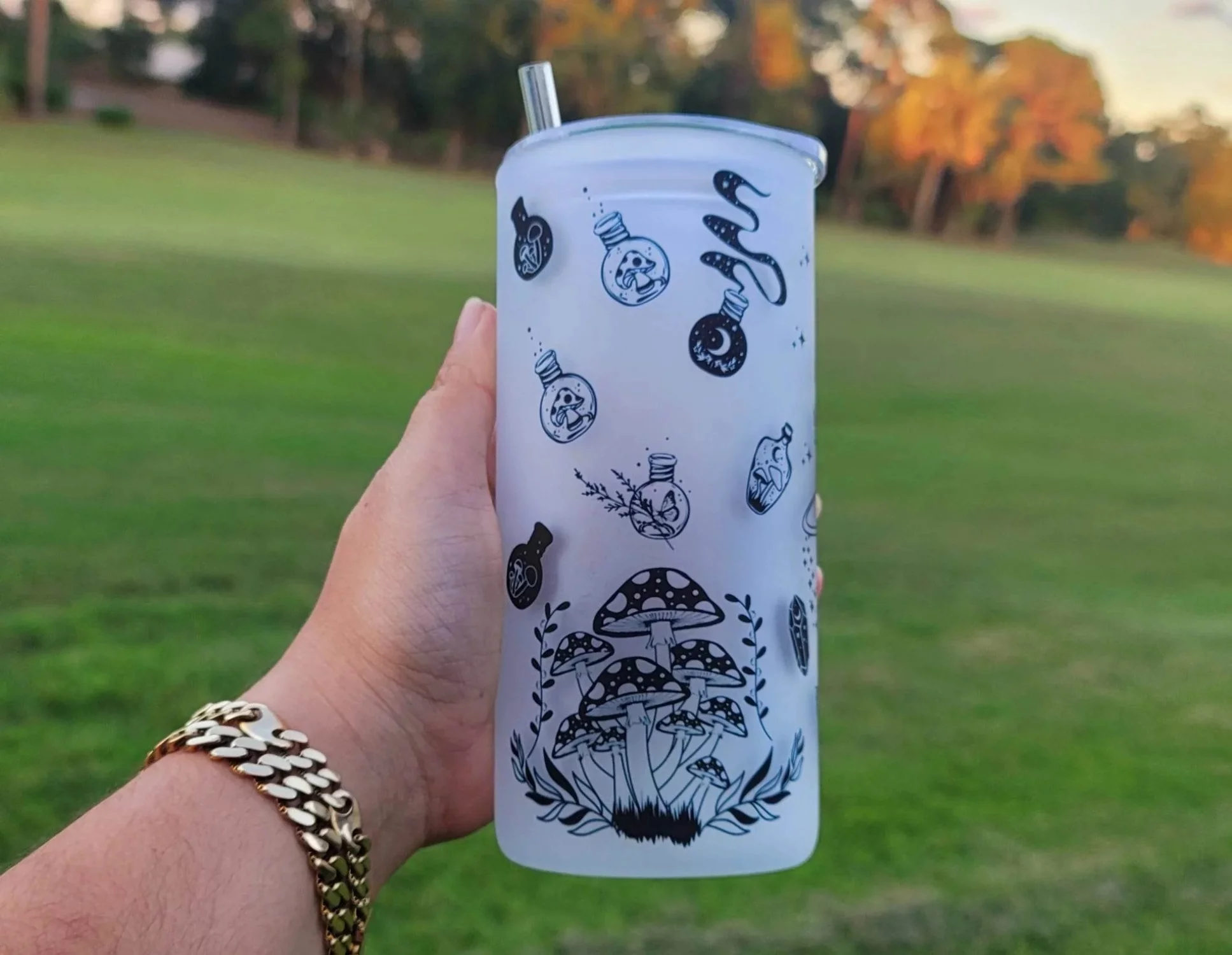 Mushroom Beer Can Glass | Boho Moth Coffee Glass | Aesthetic Coffee Glass | 20 oz