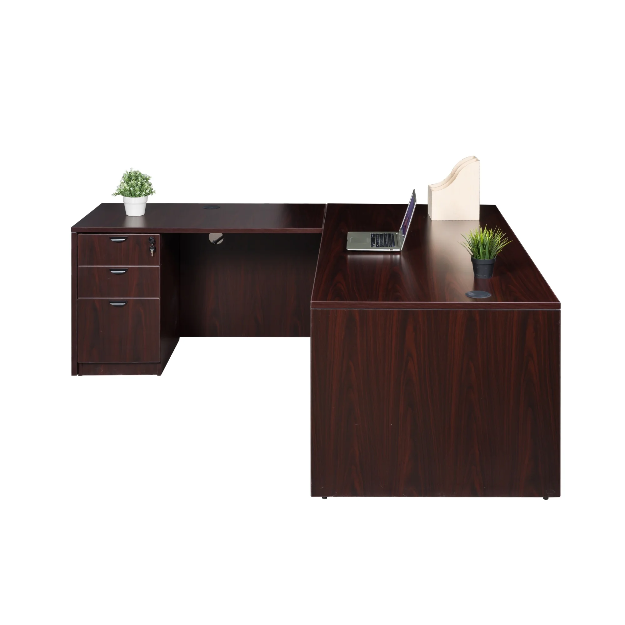 Boss Office Products 66 Inch Executive L-Shape Corner Desk with Box/Box/File Storage Pedestal, Mahogany