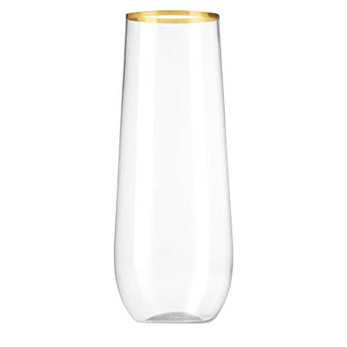 Munfix 48 Pack Stemless Plastic Champagne Flutes Disposable 9 Oz Gold Rim Clear Plastic Toasting Glasses Shatterproof Recyclable and BPA-Free