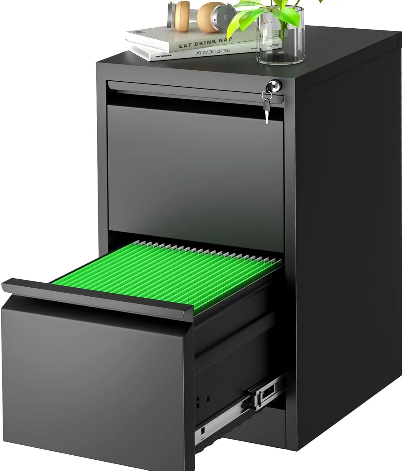 2 Drawer Metal Vertical File Storage Cabinet with Lock for Home, Office, School, Steel File Cabinet for A4 Letter /Legal Size (Black)