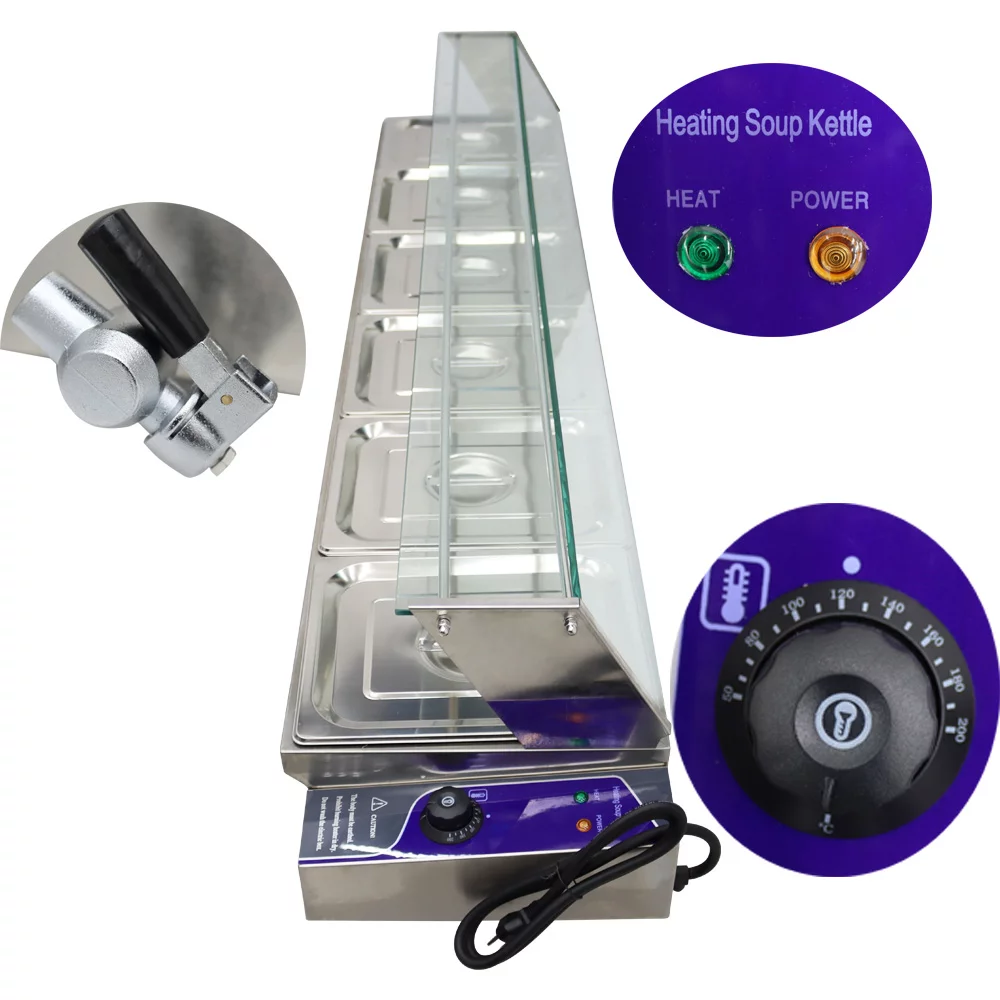 TECHTONGDA Electric Commercial Bain-marie Buffet Food Warmer Steam Table with Glass Guard 6-Pan