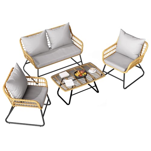 DWVO Outdoor Conversation Set 4 Piece, Outdoor Wicker Bistro set with Removable Cushion, Wicker Patio Furniture for Garden, Backyard, and Deck, Loveseat, Armchairs, Glass Side Table, Light Brown&Black