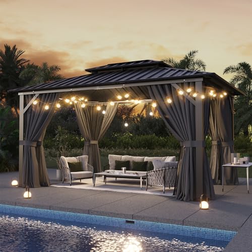 Aoxun Hardtop Gazebo 10x12, Aluminum Frame Canopy with Double Galvanized Steel Roof, Outdoor Gazebo with Breathable Netting and Privacy Curtain for Backyard