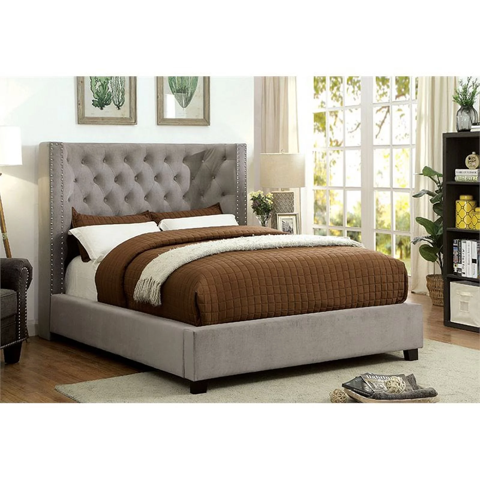 Furniture of America Avery Fabric Wingback California King Bed in Gray