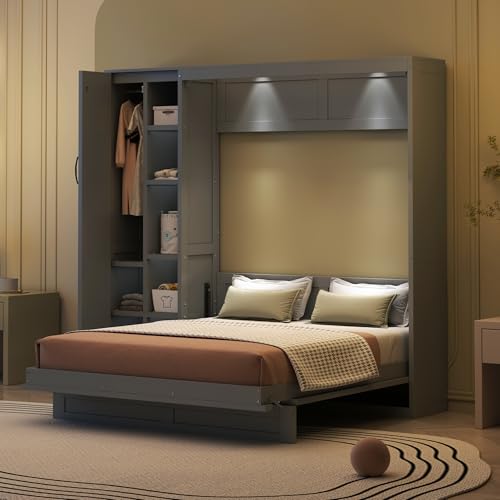 Harper & Bright Designs Queen Size Murphy Bed Wall Bed with Storage Shelves, Wardrobe and LED Lights, Space-Saving for Multipurpose Guest Room or Home Office, Gray