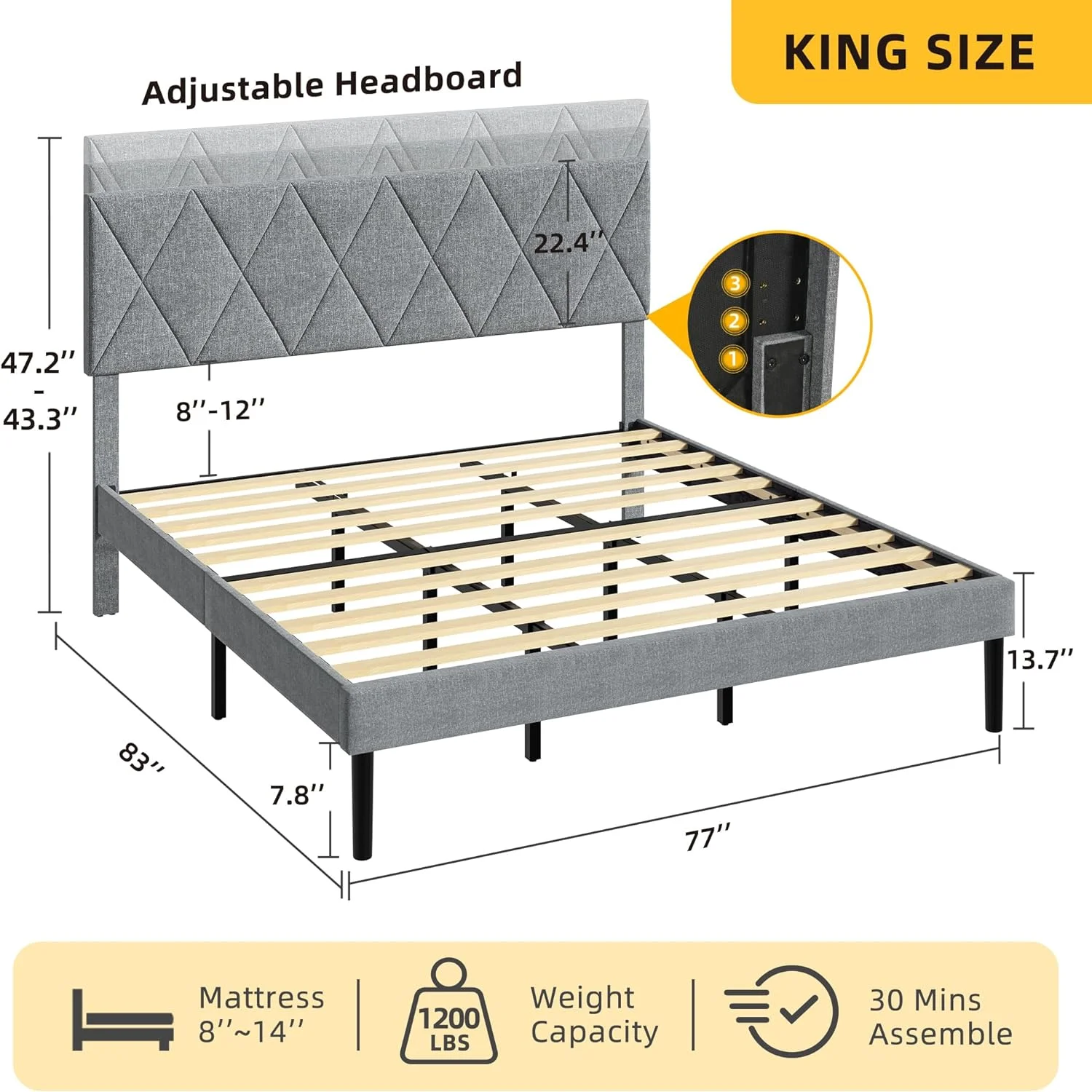 Kig Size Bed Frame With Adjustable Headboard, 14 Ich Upholstered Platform Bed With Sturdy Woode Slats Support, Hold Up To 1000Lbs, Uder-Bed Storage, o Box Sprig eeded, oise , Grey