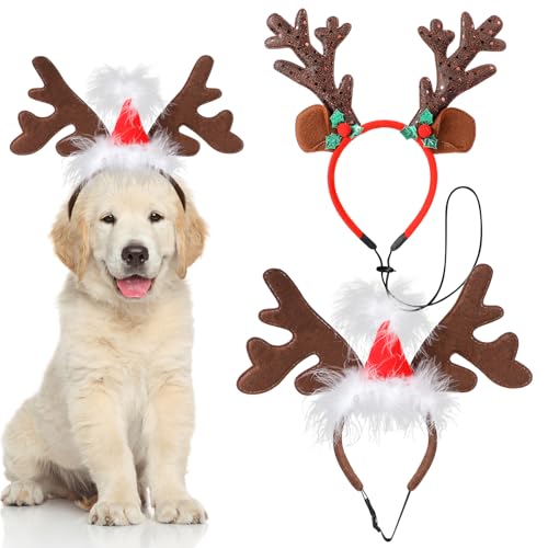 2 Pack Dog Christmas Elk Reindeer Antlers Headbands, Xmas Elk Hat Headwear for Dogs, Pet Christmas Headband with Santa Hat, Pet Headwear Accessories for Small and Medium Dogs, Pet Xmas Costume