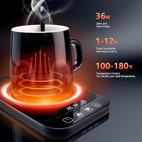 Coffee Mug Warmer Set for Gift: 36W Electric Smart Coffee Cup Warmer with 12 Mode Timer for Desk, Black 9 Mode Temperature Control Display Coffee Warmer Set Gift for Women Mom Men Coffee Lover, 14oz