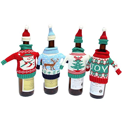 Christmas Wine Bottle Covers and Hats Kit, Gawertoy 4 Pack Ugly Christmas Sweater Wine Bottle Covers and Caps with Joy Snowman Xmas Tree Reindeer Pattern for Christmas Party Table Decorations