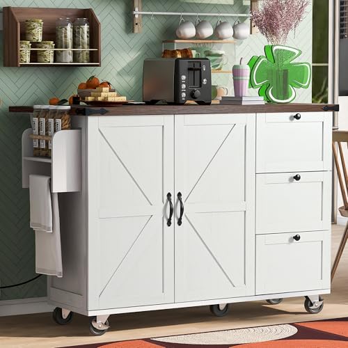 Amposei Farmhouse Rolling Kitchen Cart Island with Power Outlet & Drop Leaf, Wooden Mobile Storage Island on Wheels with Drawers, Spice Rack, Interior Storage Rack, White