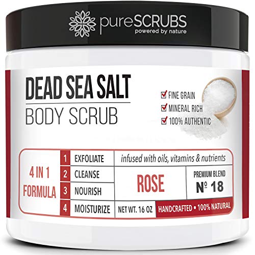 pureSCRUBS Premium Eucalyptus Body Scrub Set - Large 16oz Dead Sea Salt Body Scrub With Infused Essential Oils & Nutrients, Includes Wooden Spoon, Loofah & Oatmeal Exfoliating Bar Soap