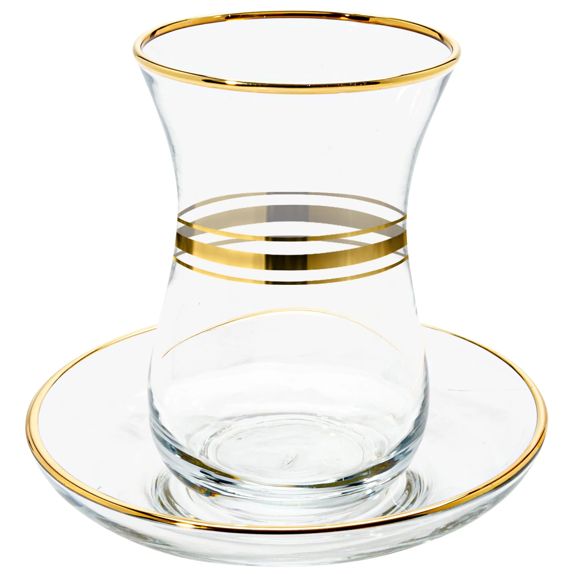 Vikko Turkish Tea Glasses & Saucers, 4 Oz Authentic Turkish Tea Cups,Set of 6 Clear Glass Tea Cups And Saucers, Gold Accented Turkish Tea Cup Set, 6 Cups and 6 Plates