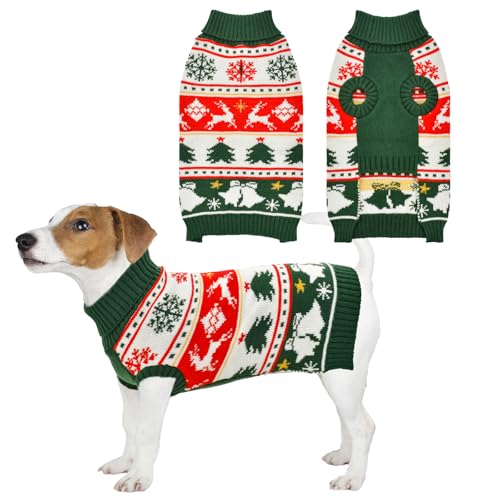 Vehomy Dog Christmas Sweater Warm Pet Xmas Turtleneck Sweater with Snowflakes Reindeers Bells Dog Christmas Knitwear Knitted Shirt Pullover Clothes for Medium Large Dogs XXL