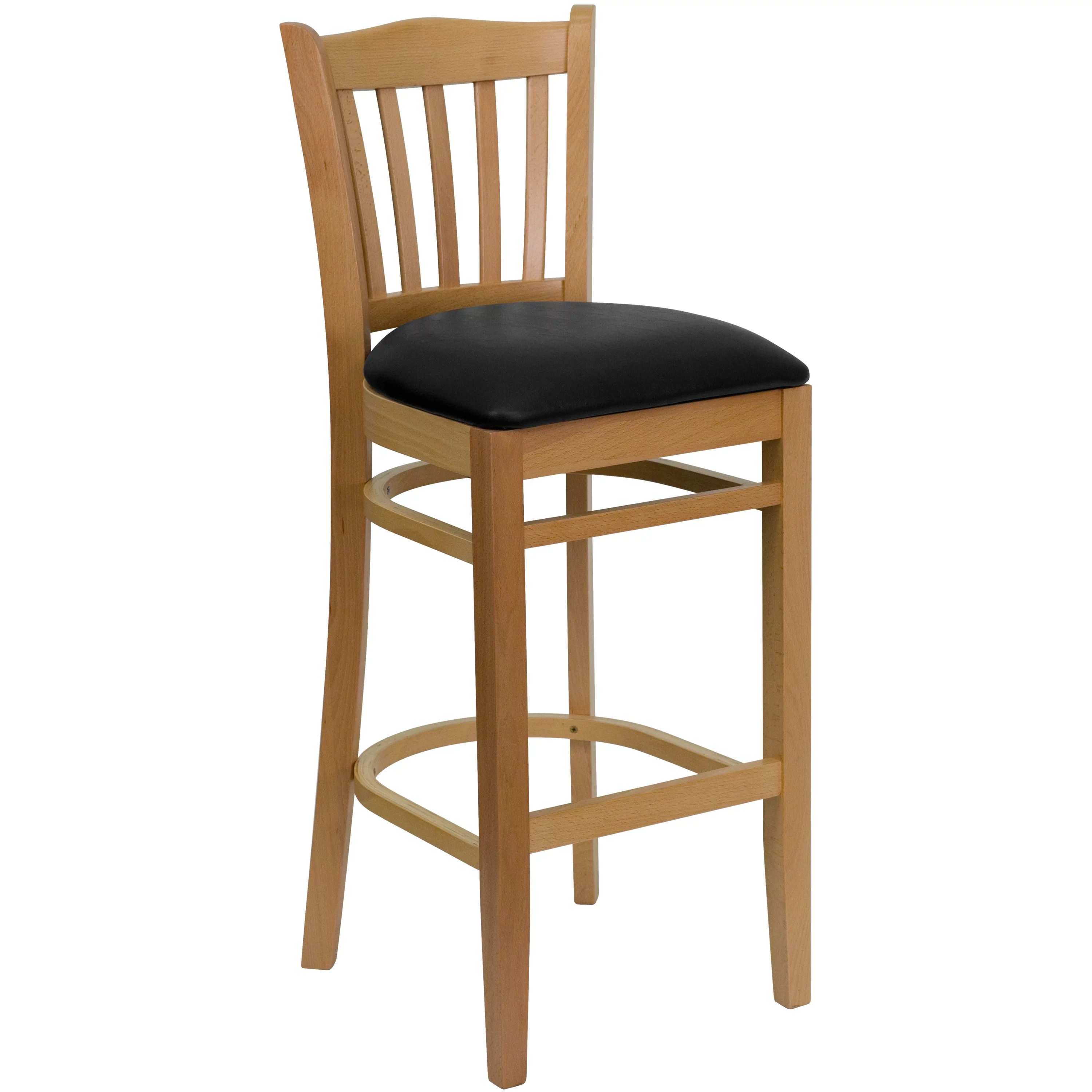 Flash Furniture HERCULES Series Vertical Slat Back Natural Wood Restaurant Barstool - Black Vinyl Seat