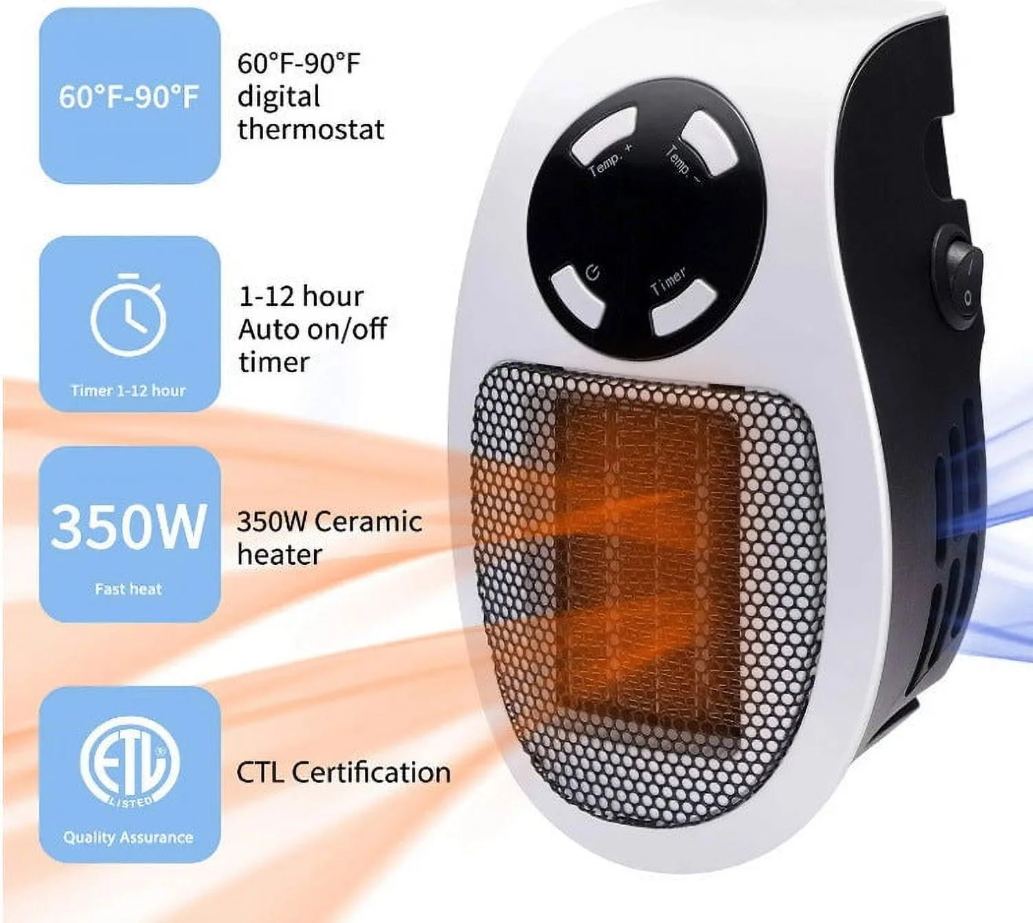 500W Mini Plug-in Wall Heater With Digital Timer