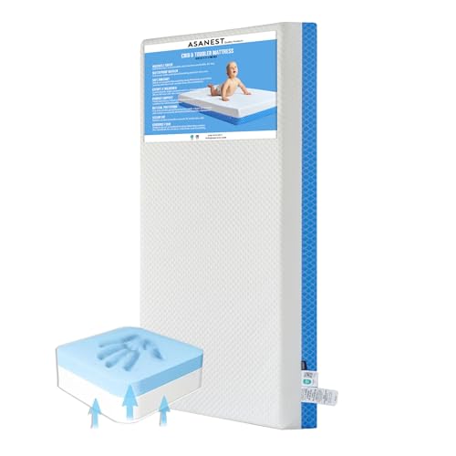 Dual Sided Comfort Gel Memory Foam,Breathable Baby Bed Mattress for Crib,Memory Foam Crib Mattress,Premium for Infant and Toddler w/Removable Outer Cover - White&Blue,Standard Size