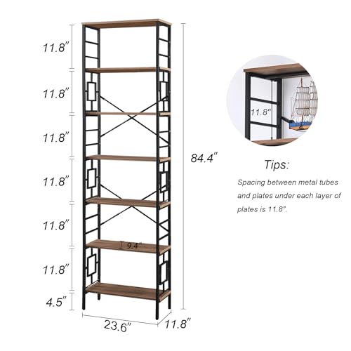 HOMISSUE Tall Bookshelf, 84 Inch Industrial Bookshelf with Metal Frame and Open Shelves, 7 Tier Metal Bookshelves and Bookcases, Rustic Tall Book Shelf for Office, Living Room and Bedroom, Brown