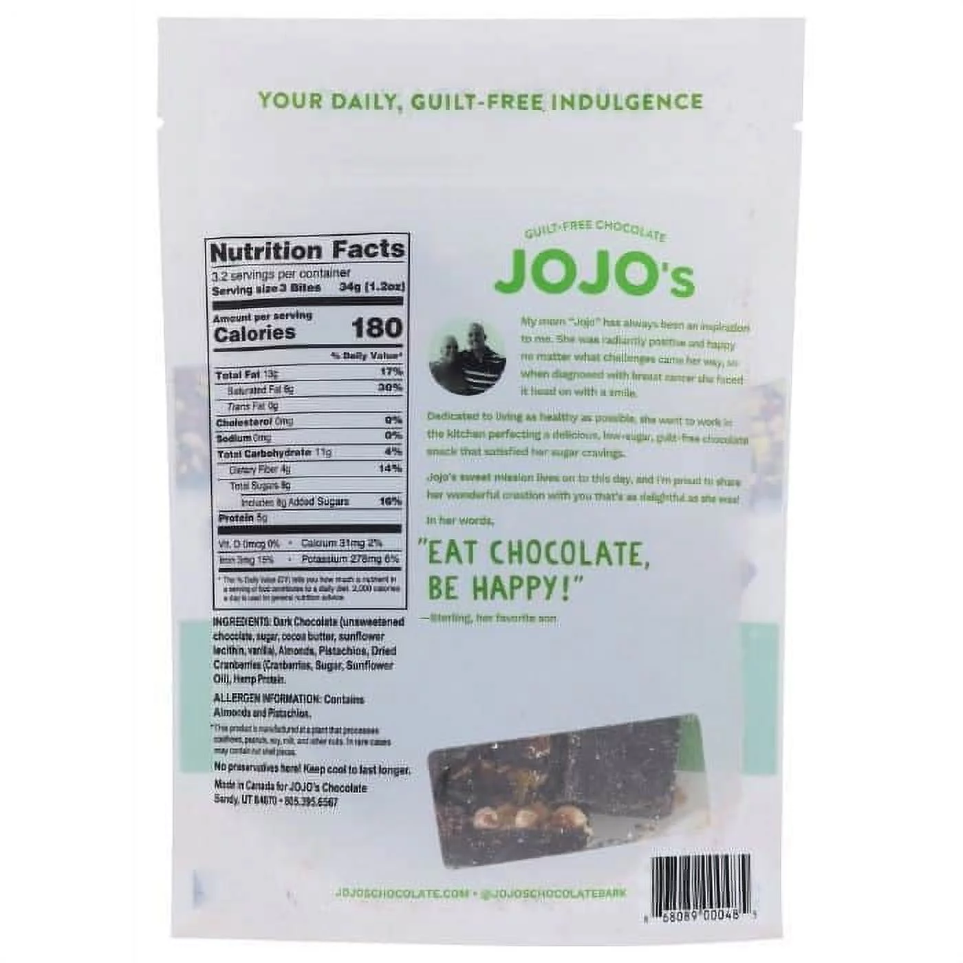 JOJO's Chocolate Vegan Peanut Butter Dark Chocolate Candy Bars, 3.9 oz Pack Of 6