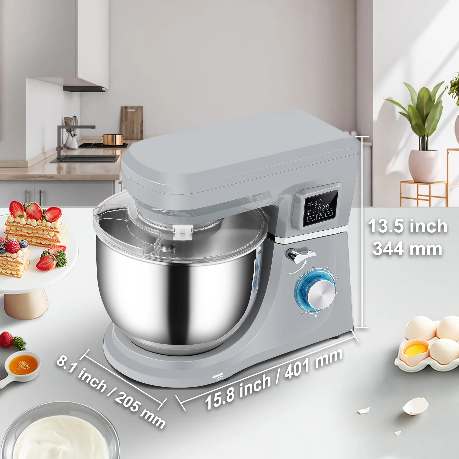 SKYSHALO 6-Speed Tilt-Head Dough Mixer 7.4 Qt Bowl 3 Attachments 450W Stand Mixer