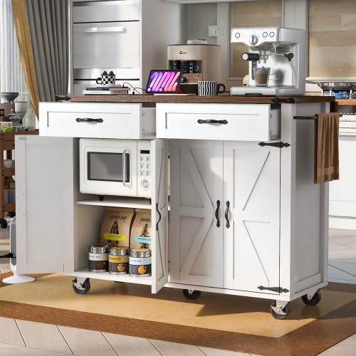 Bellemave Kitchen Island with Storage Cabinet on Wheels, 53.5'' Mobile Kitchen Cart with Power Outlet, Drop Leaf, Spice/Towel Rack and Drawer, Rolling Kitchen Island Table (Black)