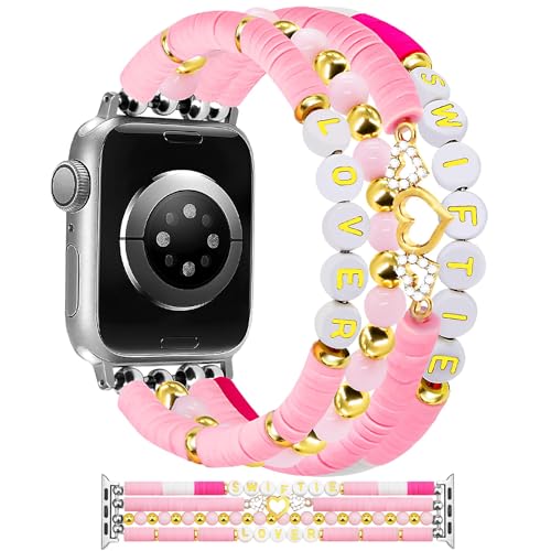 JR.DM Christmas Holiday Watch Band Compitable with Apple Watch 40mm 38mm 41mm 44mm 42mm 45mm 46mm Women Cute Handmade Beaded Stretch Elastic Strap Replacement for iWatch Series 10/9/8/7/SE/6/5/4/3/2/1